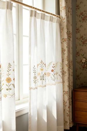 Vertically Arranged Colorful Wildflower Embroidered Linen Curtains